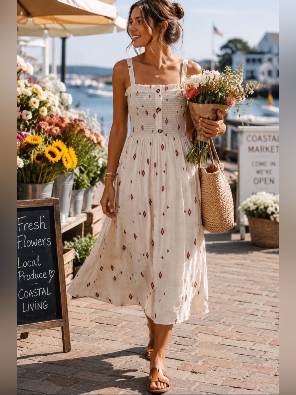 Liberty Love Cream Smocked Midi Dress M Cottagecore Prairie Boho